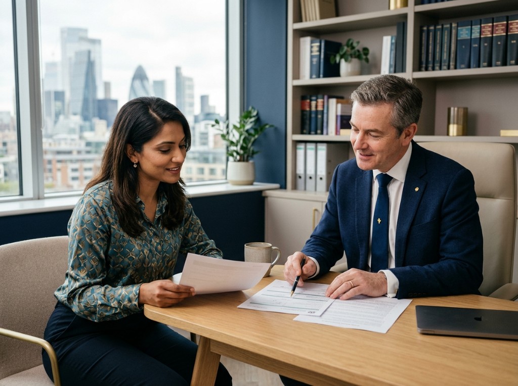AK LAW Solicitors consultation — advisors reviewing documents together in a modern office